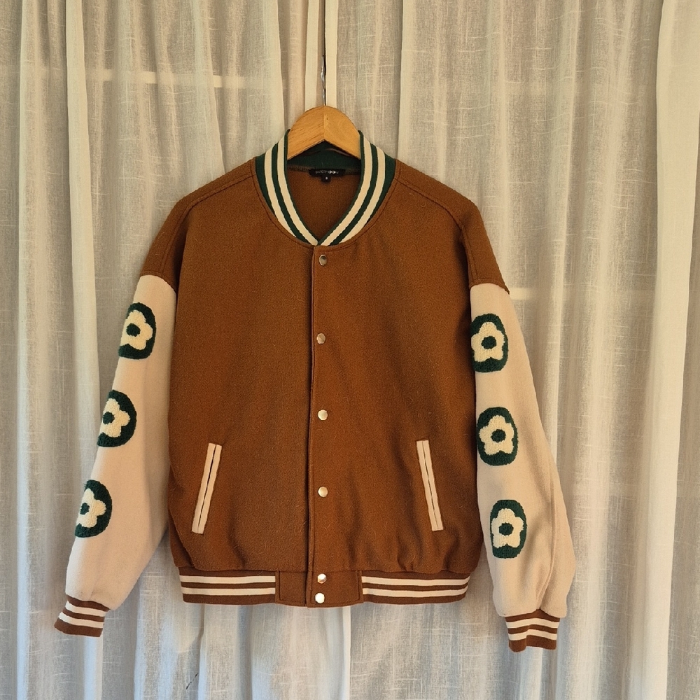 Papermoon Brown Varsity Jacket with Cream Green Flower